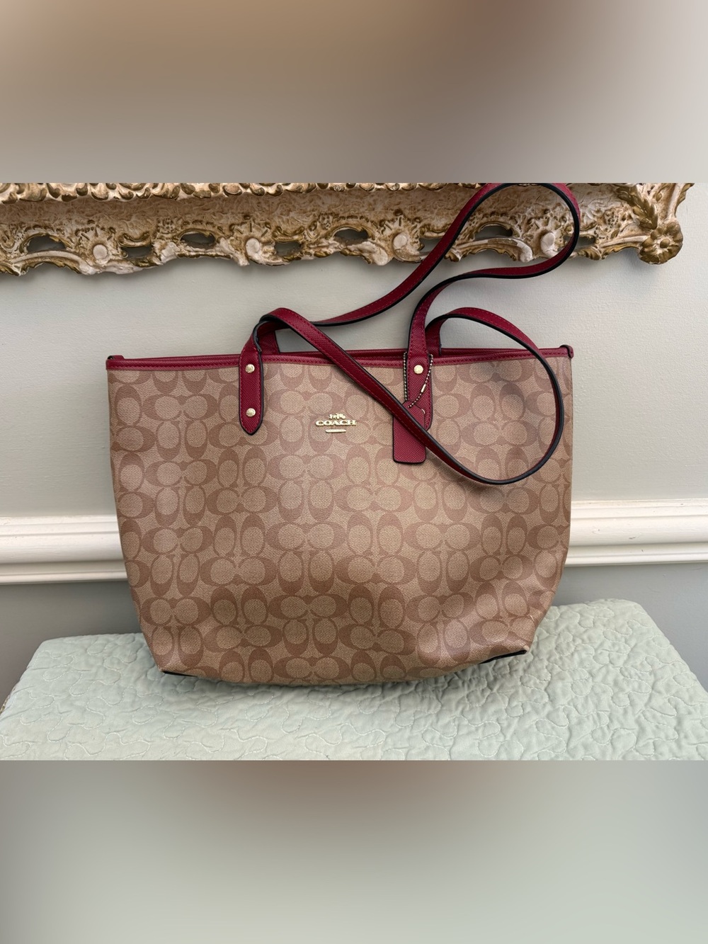 Coach Tan Signature Tote with Berry Trim